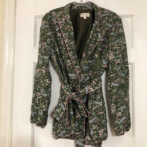 J Crew Collection S Jungle Cat Smoking Jacket green silk print blazer